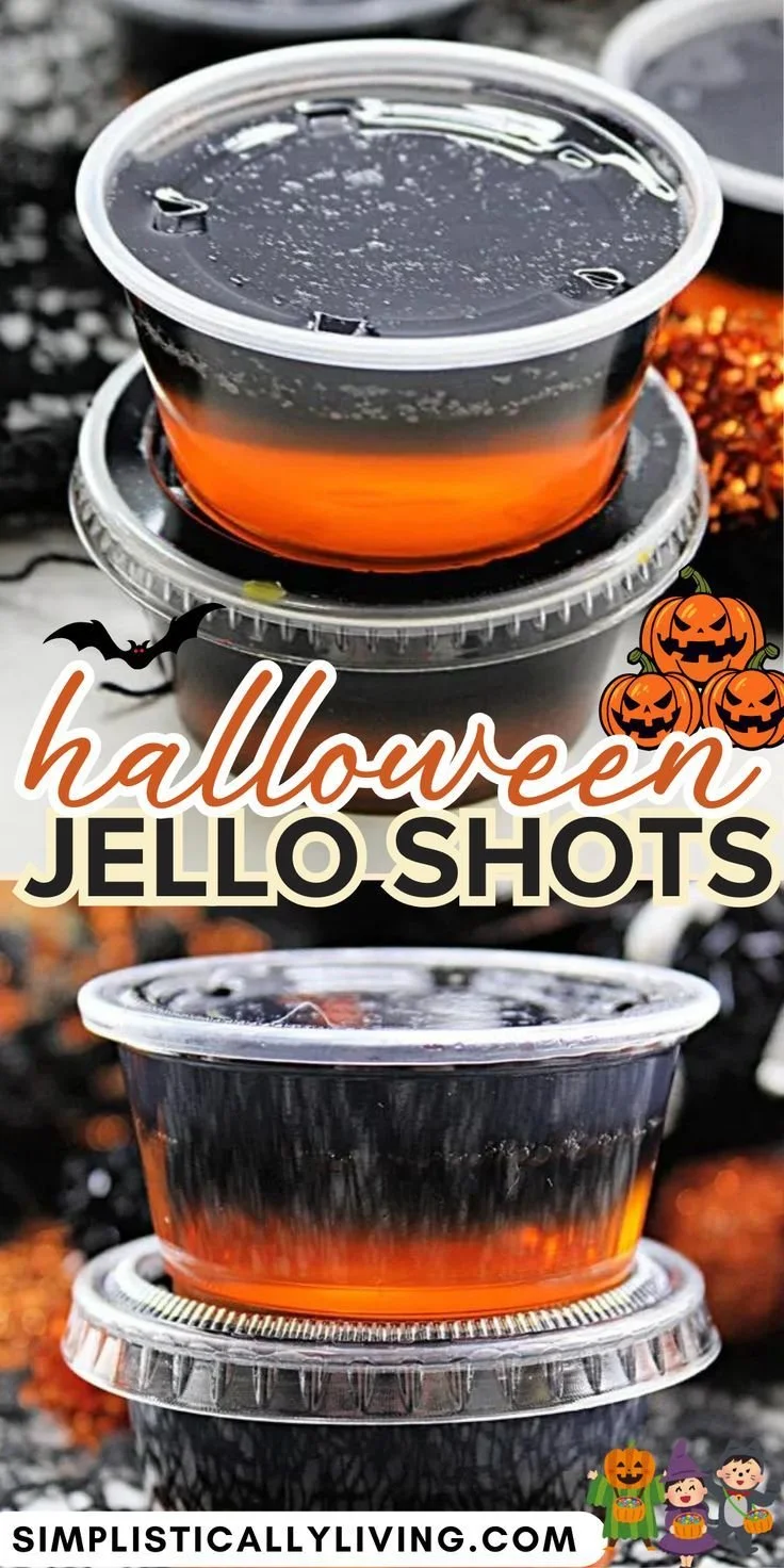 Colorful Halloween Jello Shots in spooky themed cups