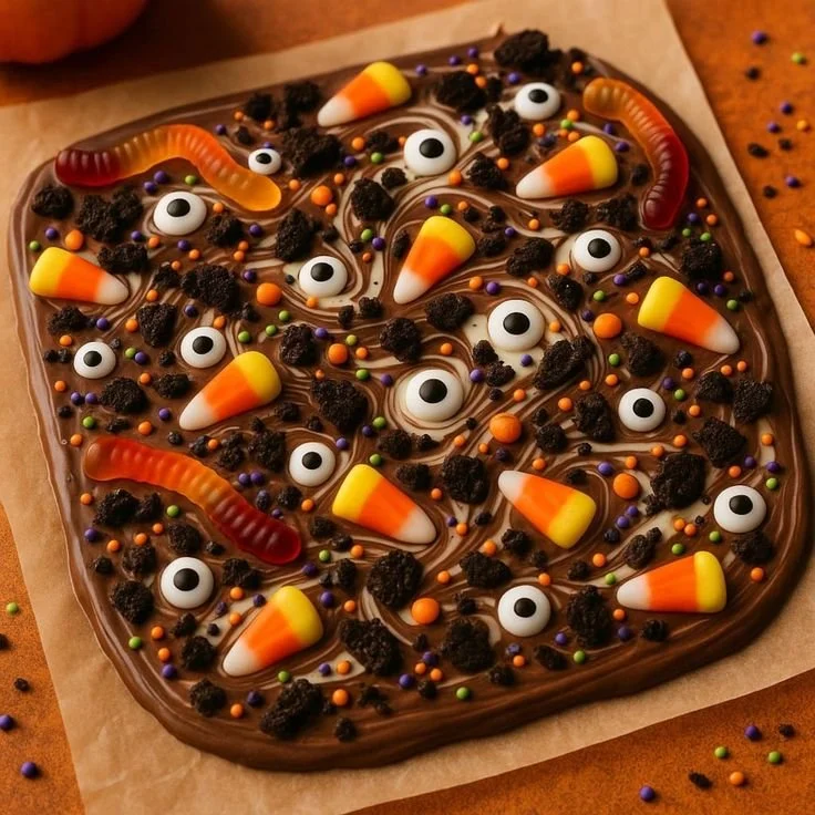 Halloween Monster Bark dessert displayed with festive decorations