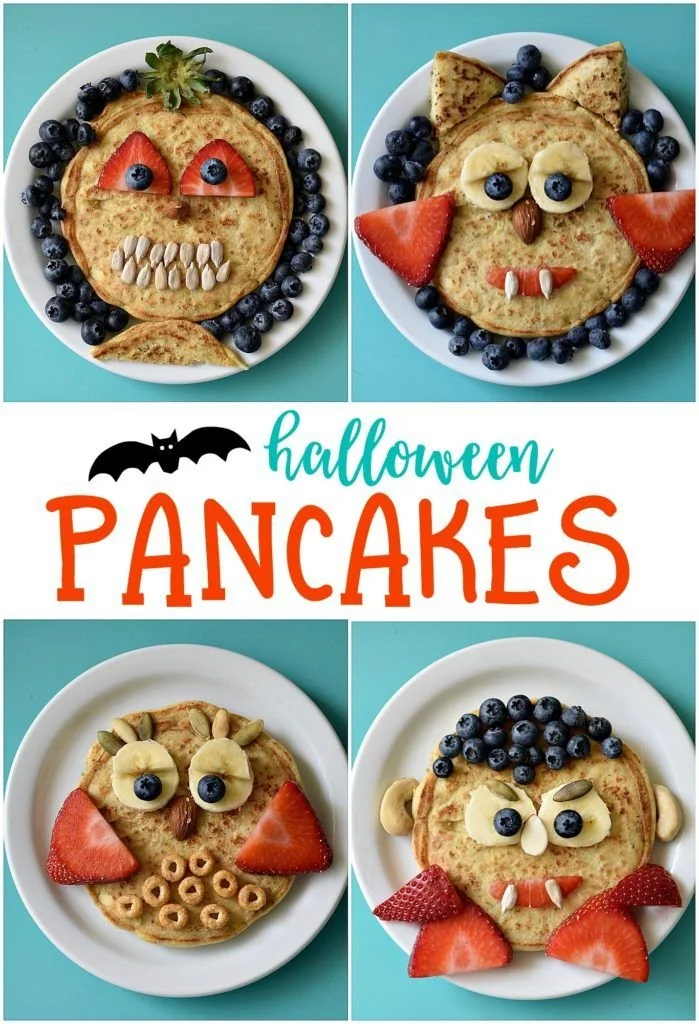 Spooky Halloween pancakes decorated with whipped cream and chocolate syrup