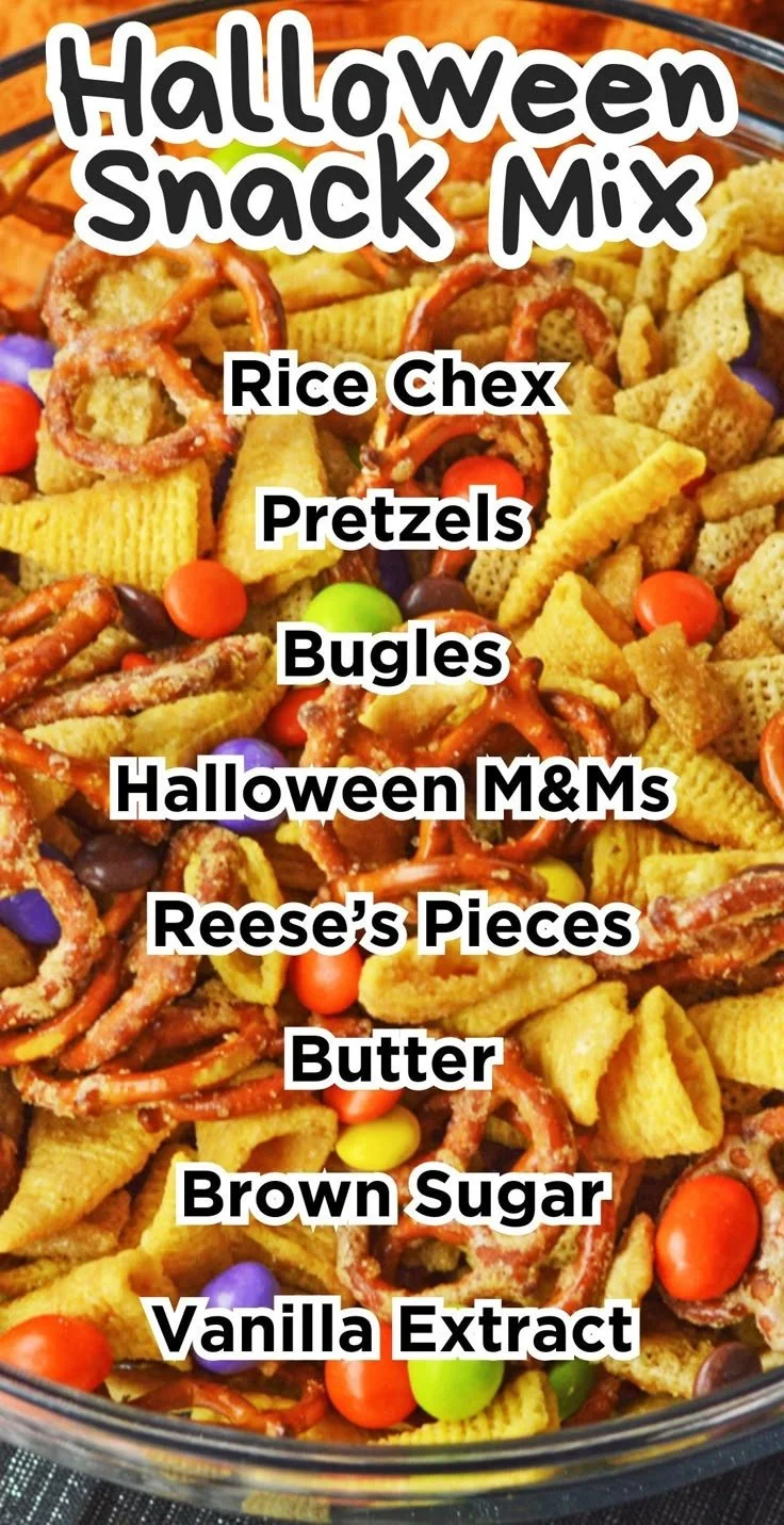 Colorful Halloween Snack Mix with candies and treats in a festive bowl