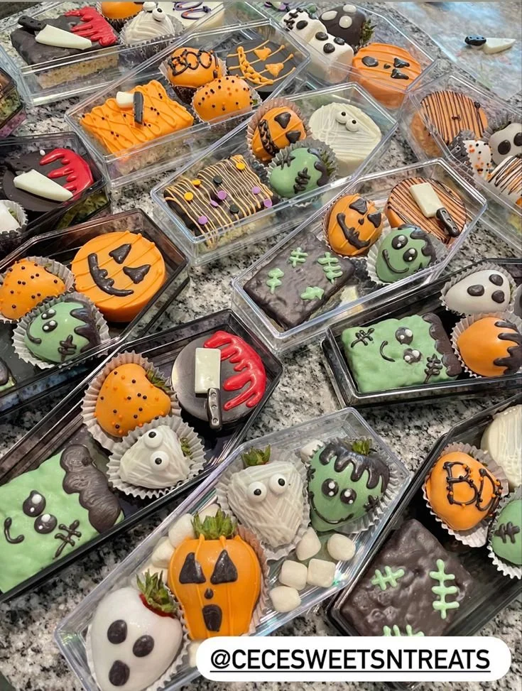 Delicious Halloween treats including spooky cupcakes and candy pumpkins