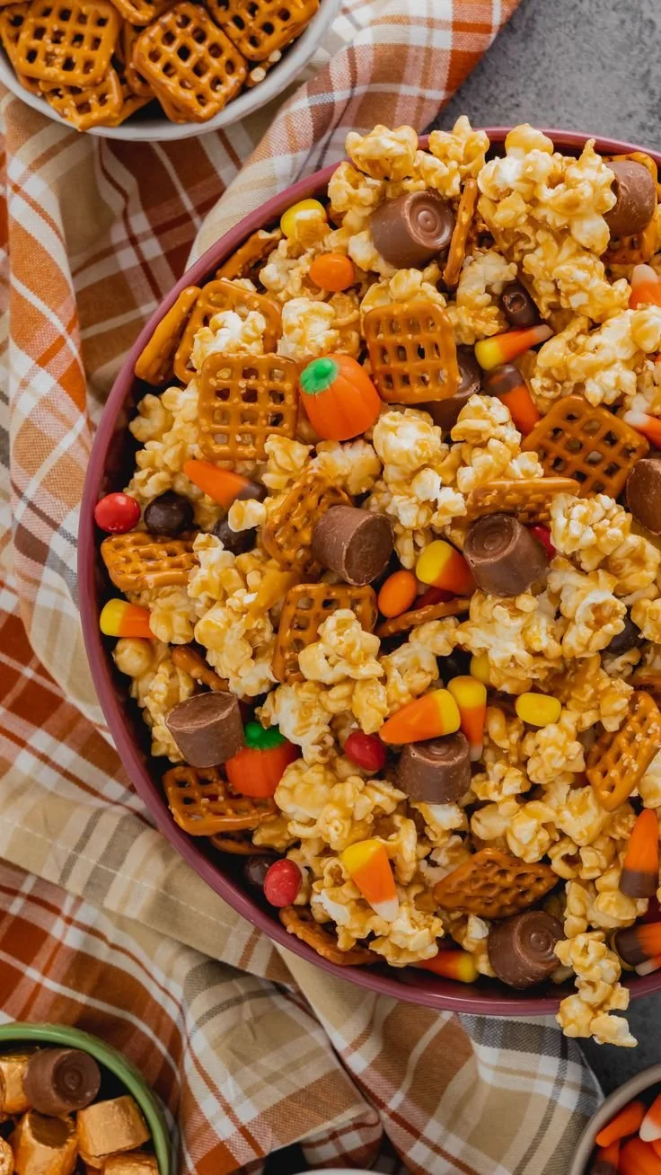 Delicious Harvest Popcorn Snack Mix with a variety of crunchy and flavorful ingredients.