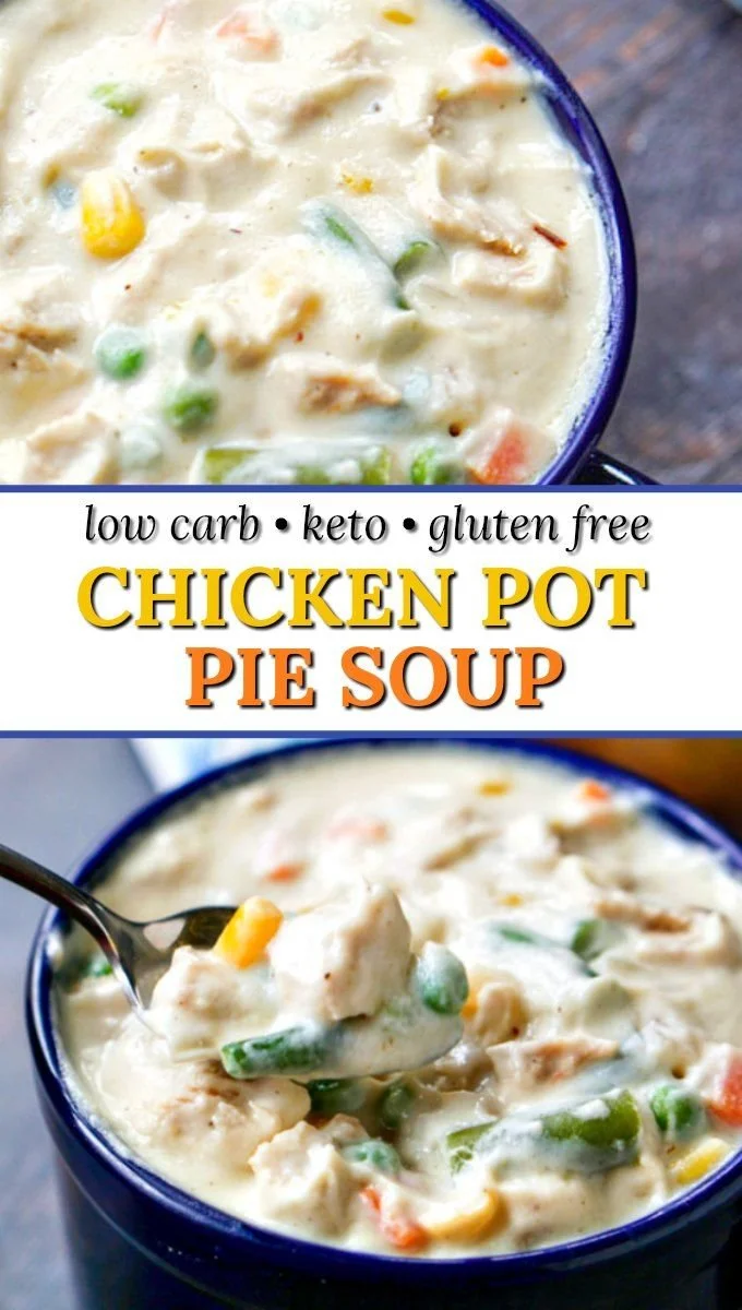 Healthy Chicken Pot Pie Soup in a bowl, low carb, dairy-free, and gluten-free.