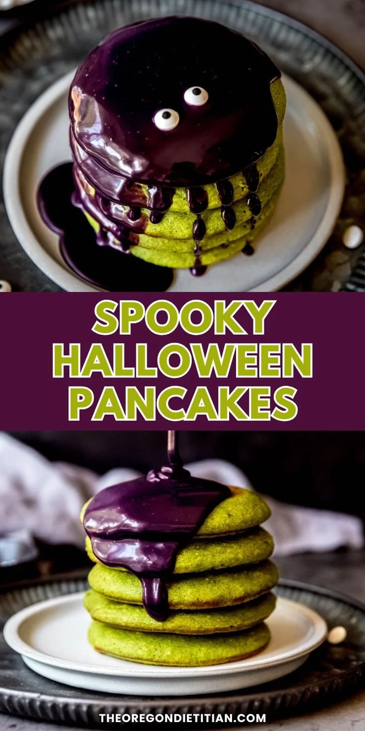 Healthy Halloween pancakes topped with spooky decorations for kids' breakfast.