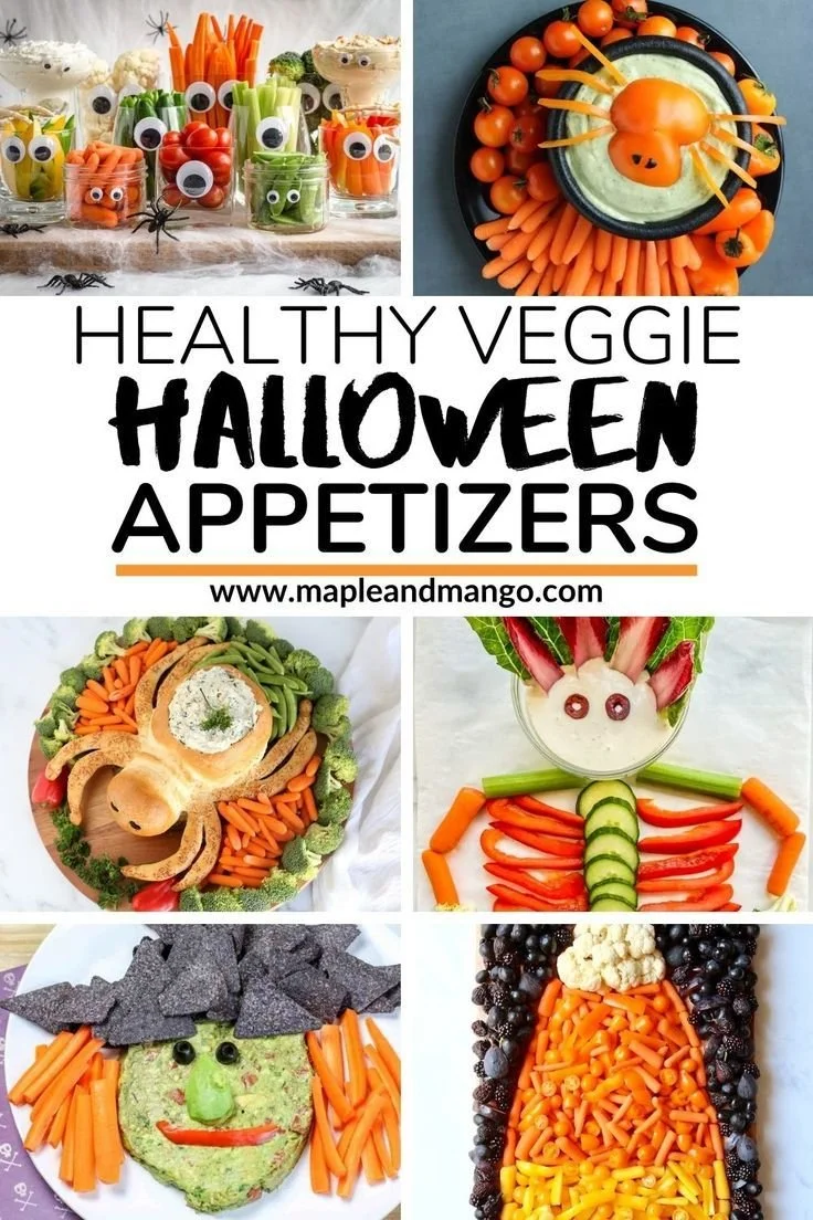 Healthy veggie Halloween appetizers platter with fresh vegetables and dips
