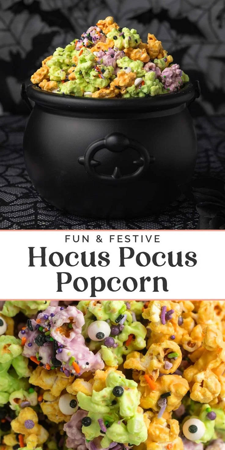 Colorful Hocus Pocus party mix with popcorn and Halloween-themed snacks
