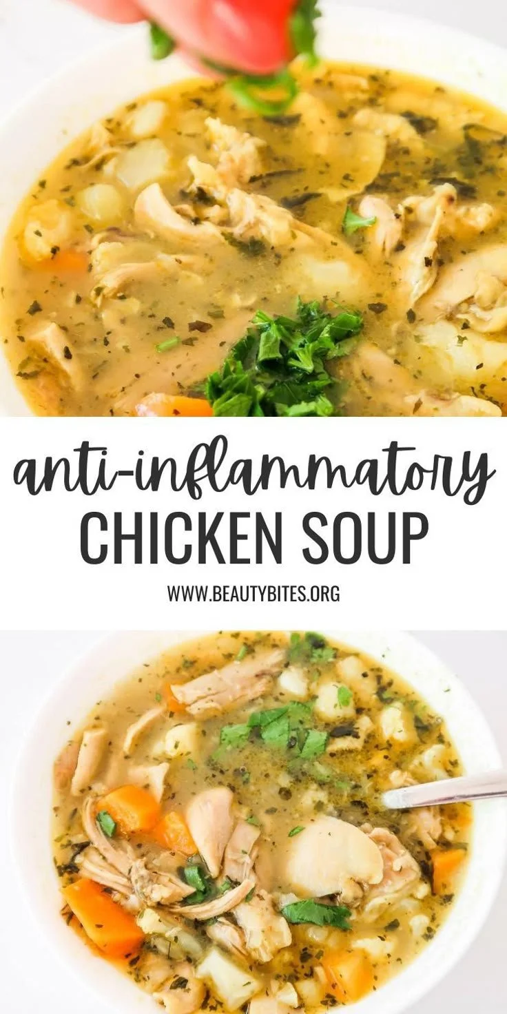 Bowl of homemade anti-inflammatory chicken soup with fresh herbs and vegetables