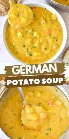 Bowl of homemade German potato soup (Kartoffelsuppe) garnished with chives.