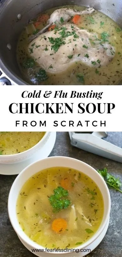 Homemade chicken broth simmering in a pot for cold relief
