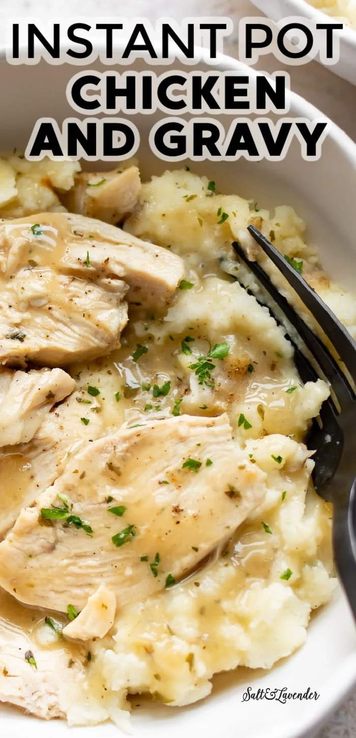 Instant Pot Chicken and Gravy with herbs and spices served in a bowl