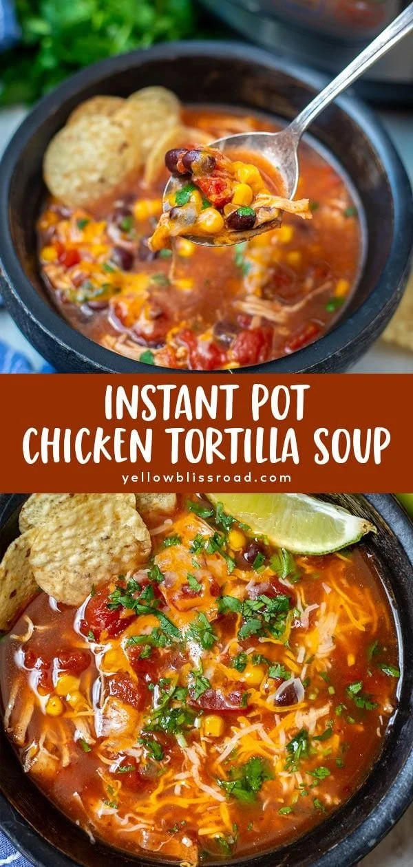 Delicious bowl of Instant Pot chicken tortilla soup with toppings