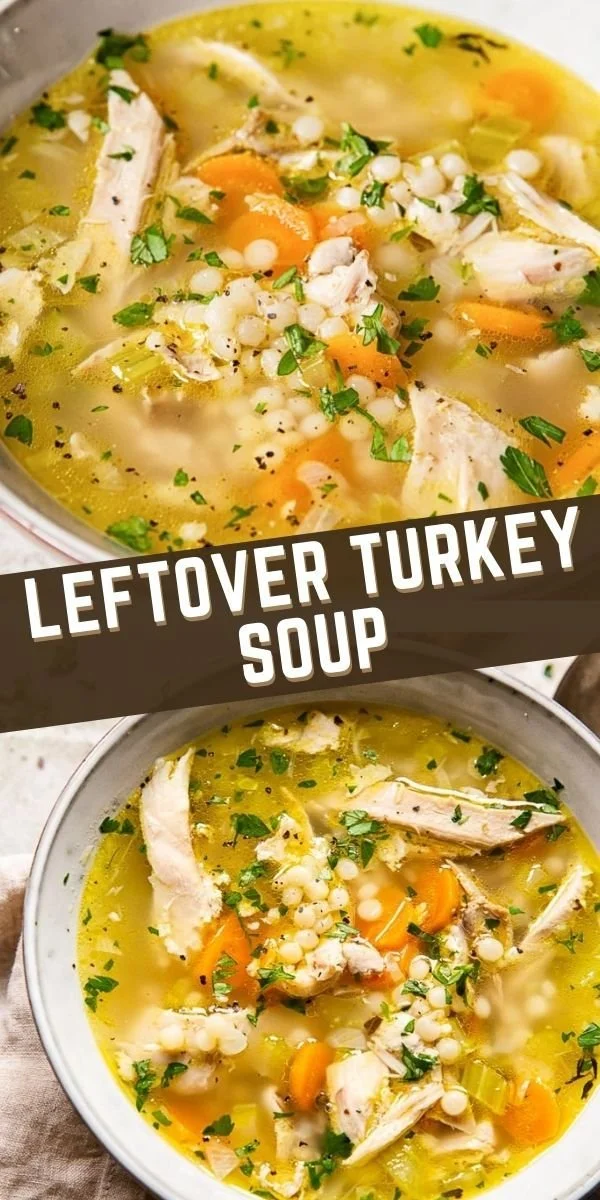 Delicious leftover turkey soup in a bowl with herbs and vegetables