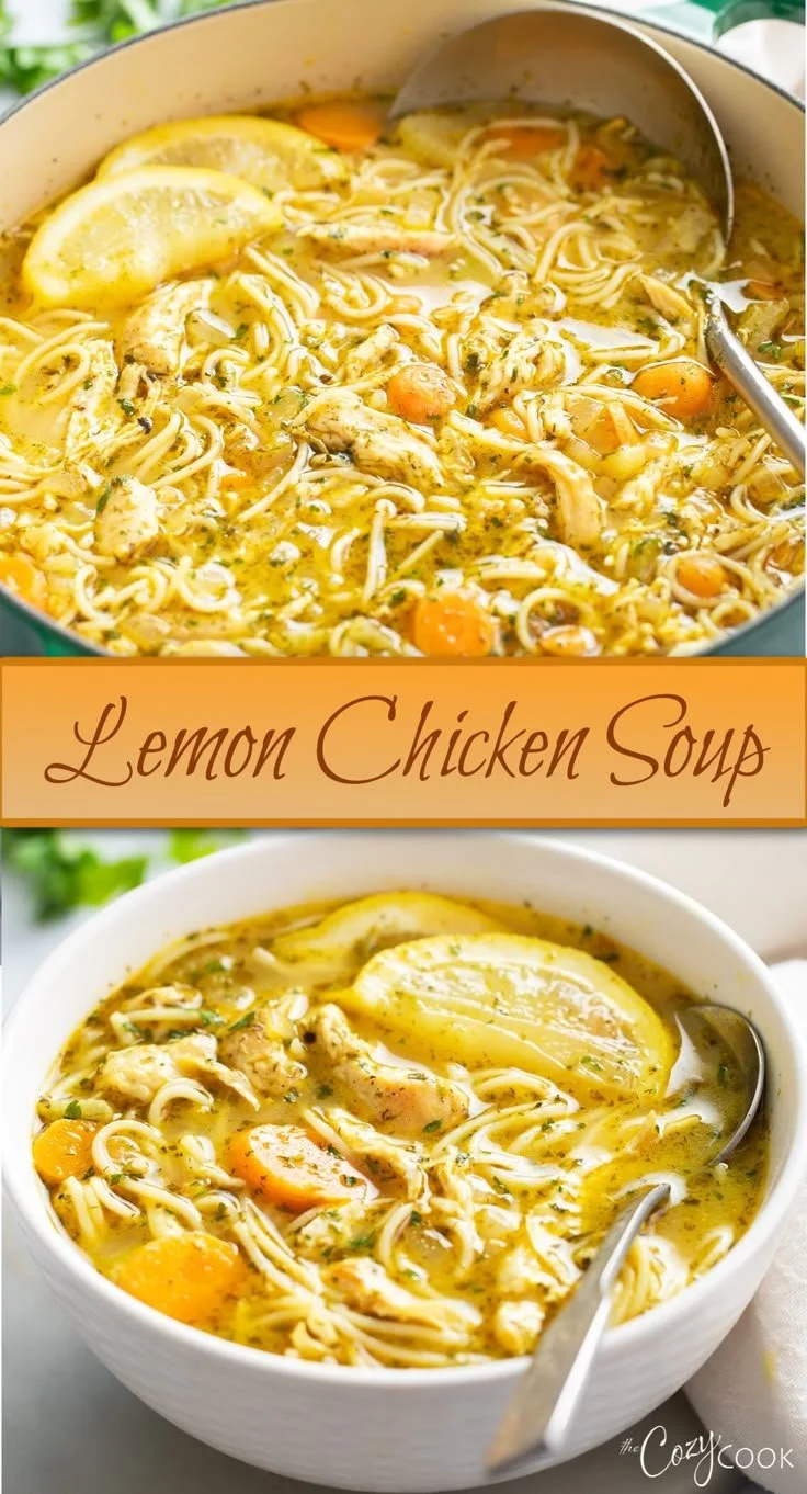 Bowl of homemade lemon chicken soup garnished with herbs