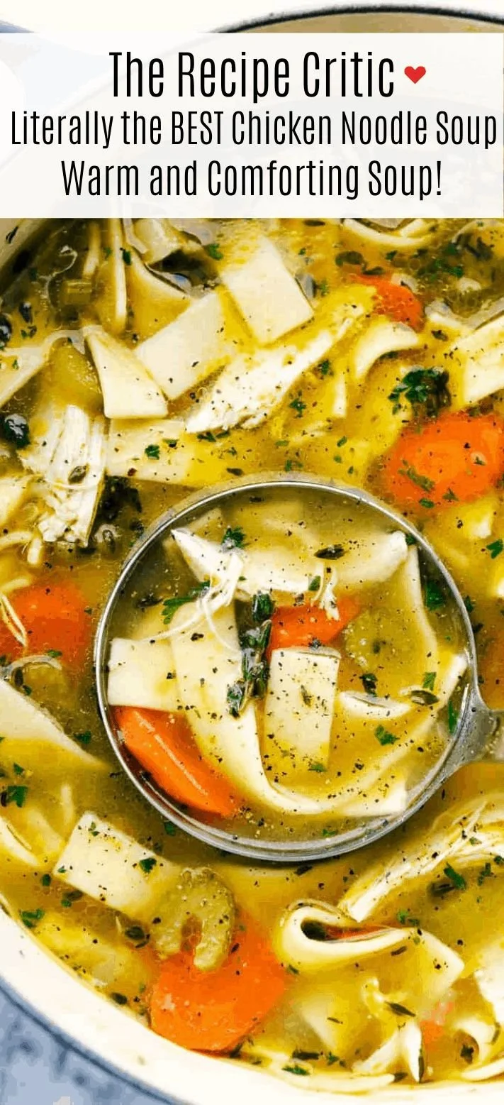 Bowl of the best chicken noodle soup garnished with parsley