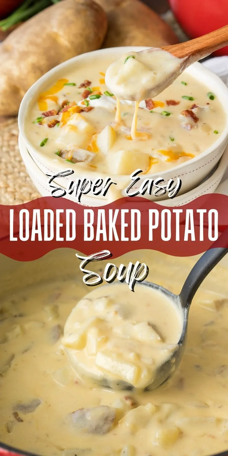 Bowl of creamy loaded baked potato soup topped with cheese, bacon, and green onions.
