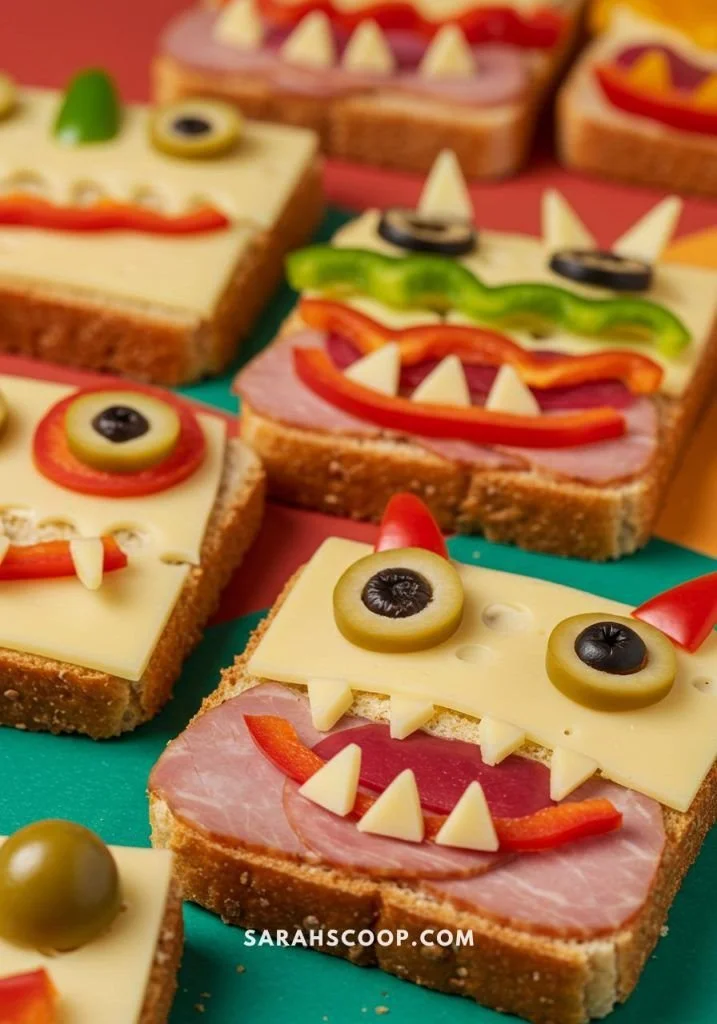 Delicious Monster Mouth Sandwiches stacked with colorful ingredients