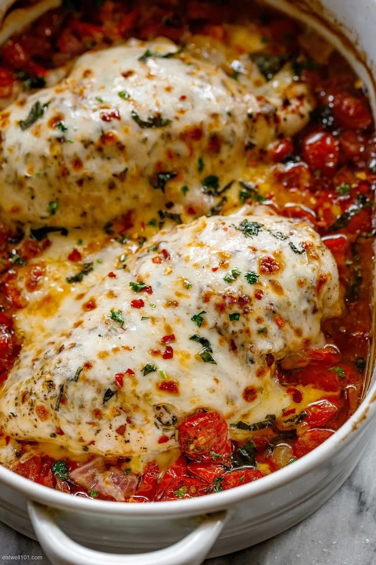 Mozzarella Baked Chicken Breasts on a plate with herbs and spices