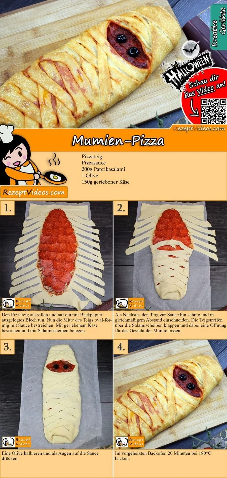 Mumien-Pizza decorated with cheese and olives, Halloween-themed dish.