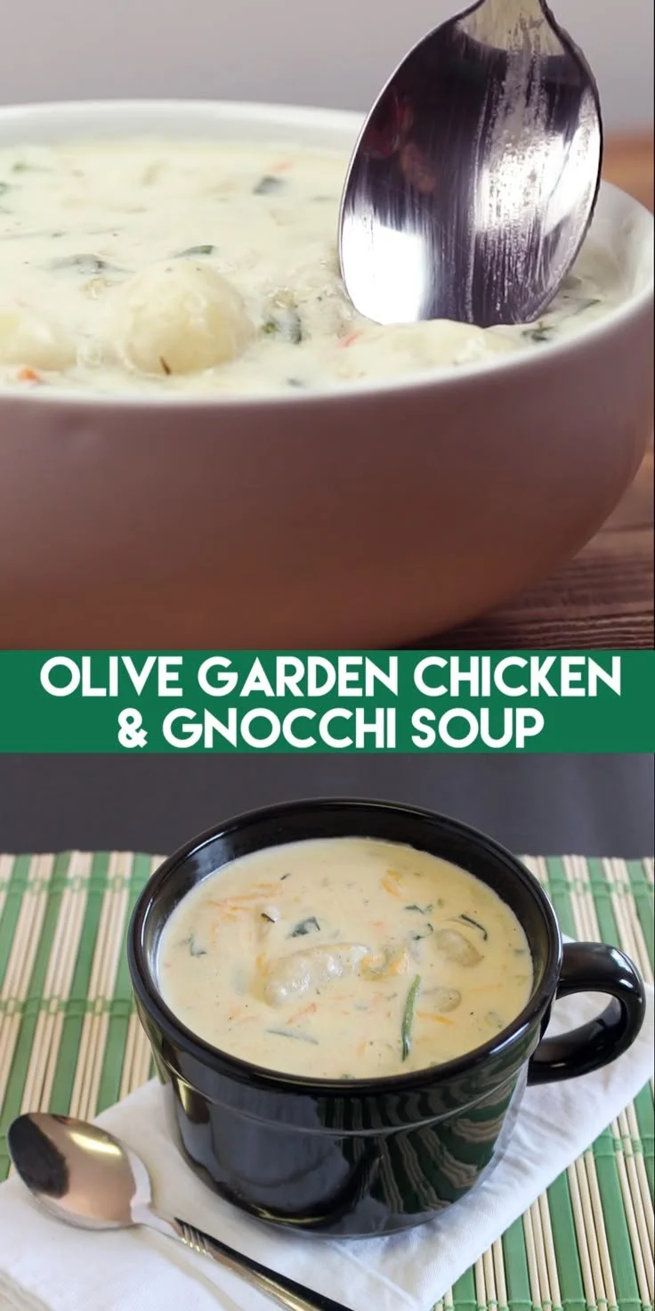Bowl of Olive Garden Chicken Gnocchi Soup with herbs and chicken