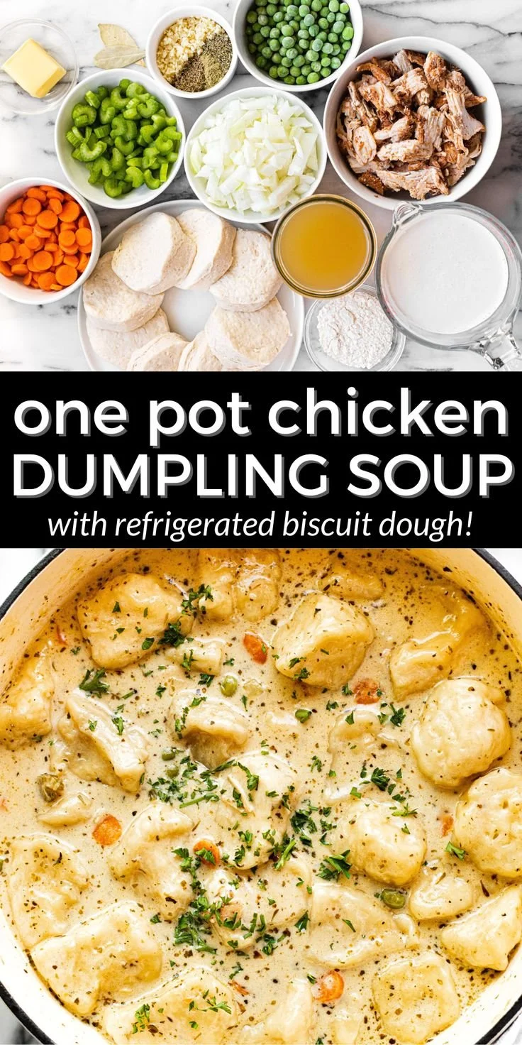 One Pot Chicken Dumpling Soup made with refrigerated biscuit dough in a bowl