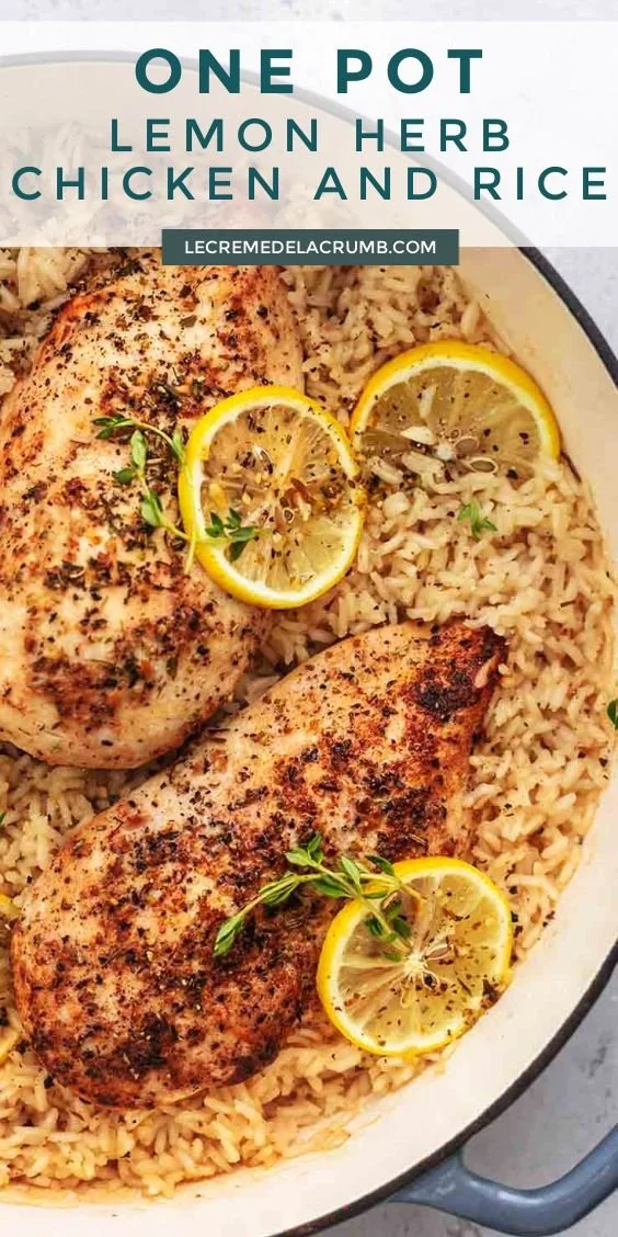 One Pot Lemon Herb Chicken and Rice dish garnished with fresh herbs