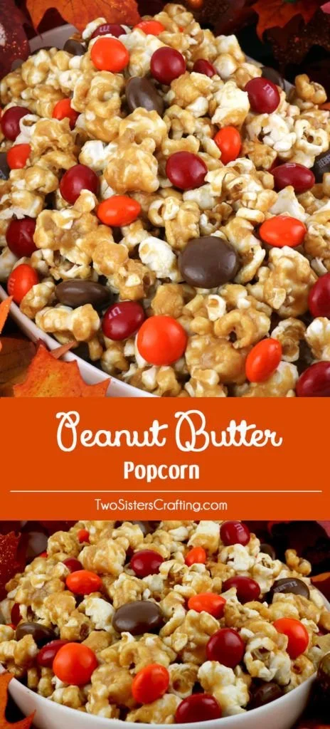 Delicious peanut butter popcorn topped with Peanut Butter M&M's
