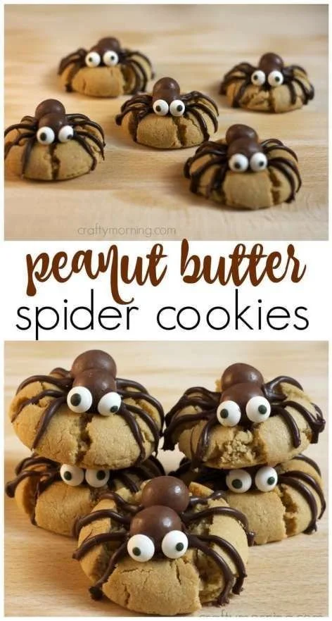 Peanut butter spider cookies decorated for Halloween