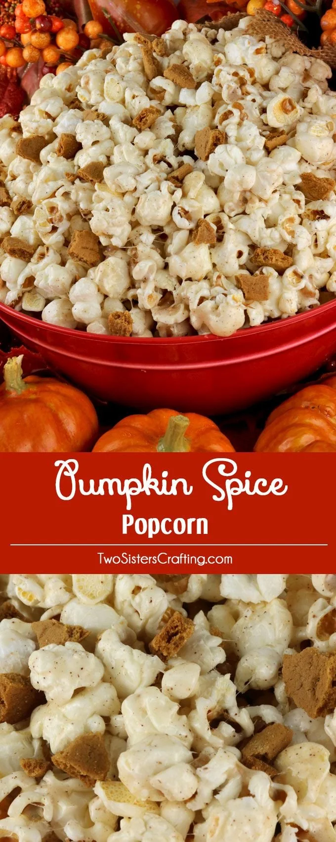 Bowl of Pumpkin Spice Popcorn topped with fall spices and pumpkin decorations