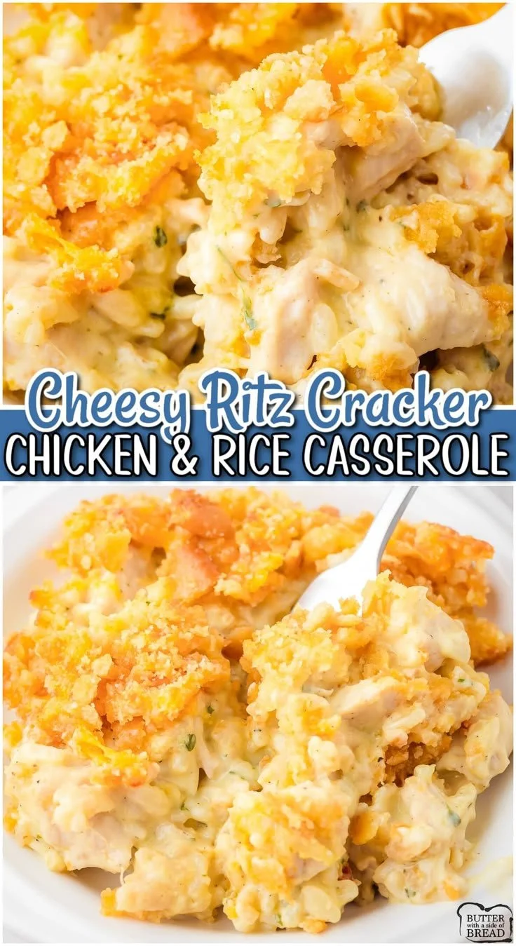 Cheesy Ritz chicken casserole with a crunchy cracker topping