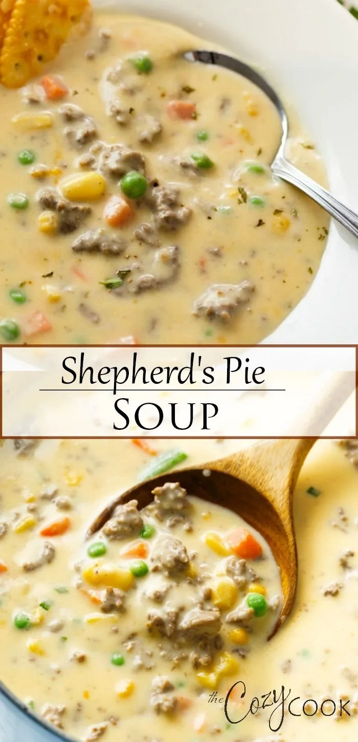 Bowl of Shepherd's Pie Soup garnished with herbs and served with bread.