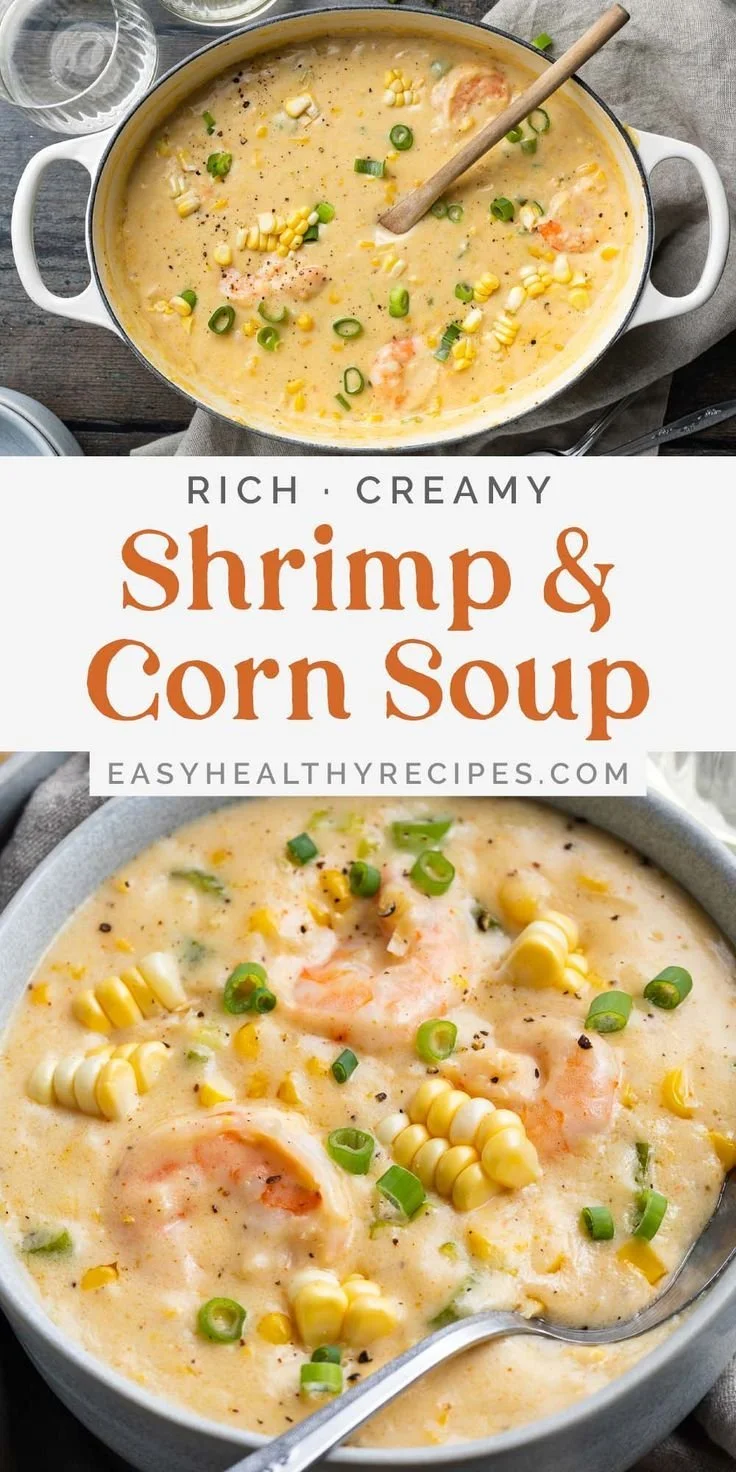 Delicious bowl of shrimp and corn soup garnished with fresh herbs