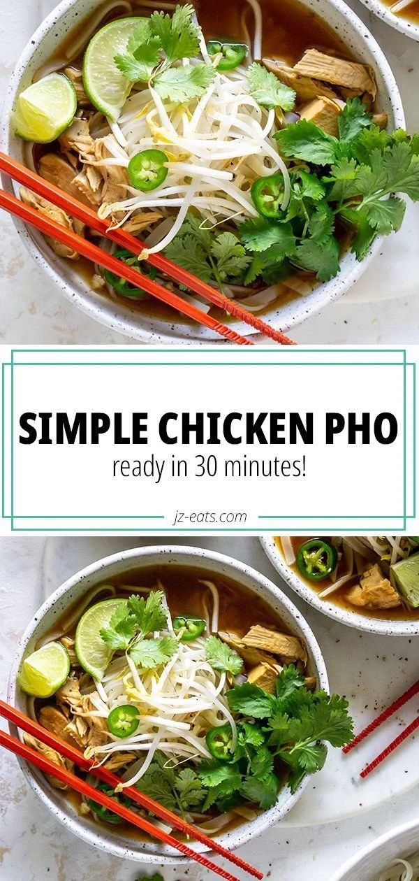 Delicious bowl of chicken pho soup with fresh herbs and ingredients