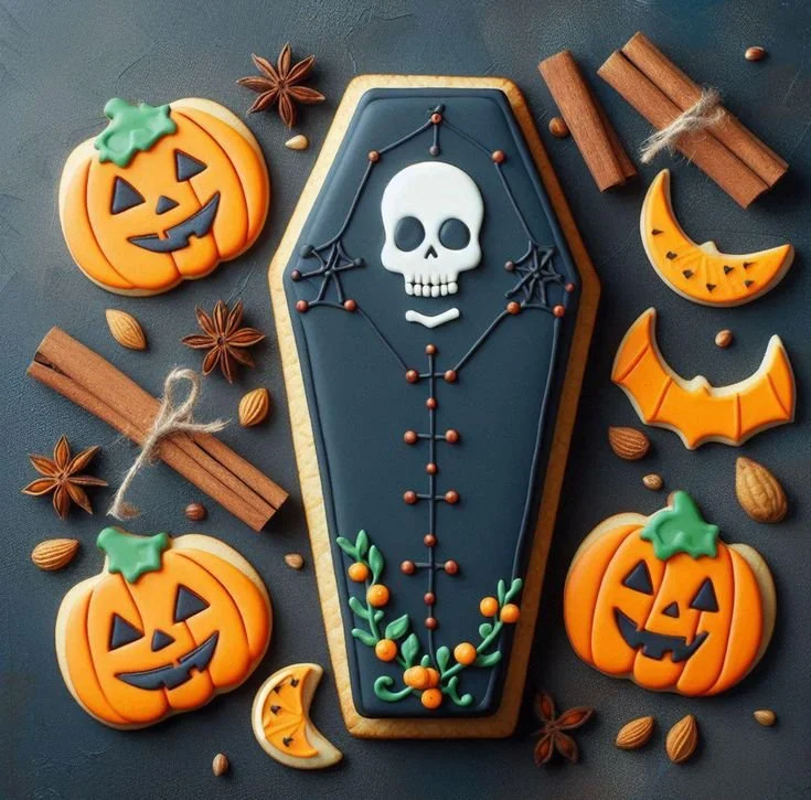Decorated coffin cookies with royal icing for Halloween celebrations