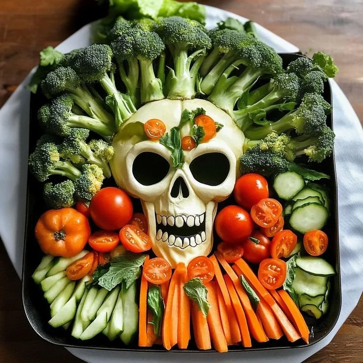 Skeleton veggie tray with assorted vegetables for Halloween snacks.