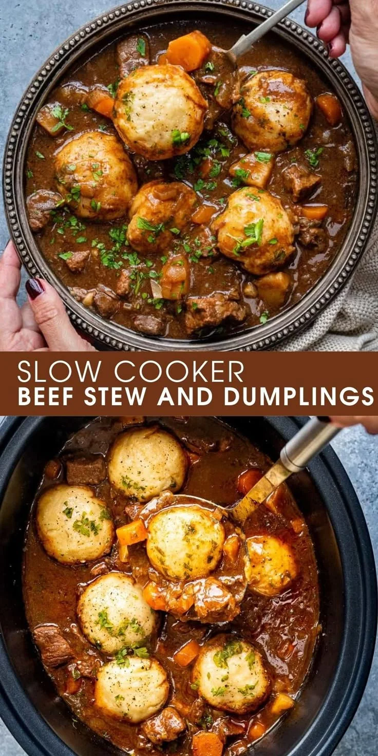 Slow cooker beef stew and dumplings served in a bowl