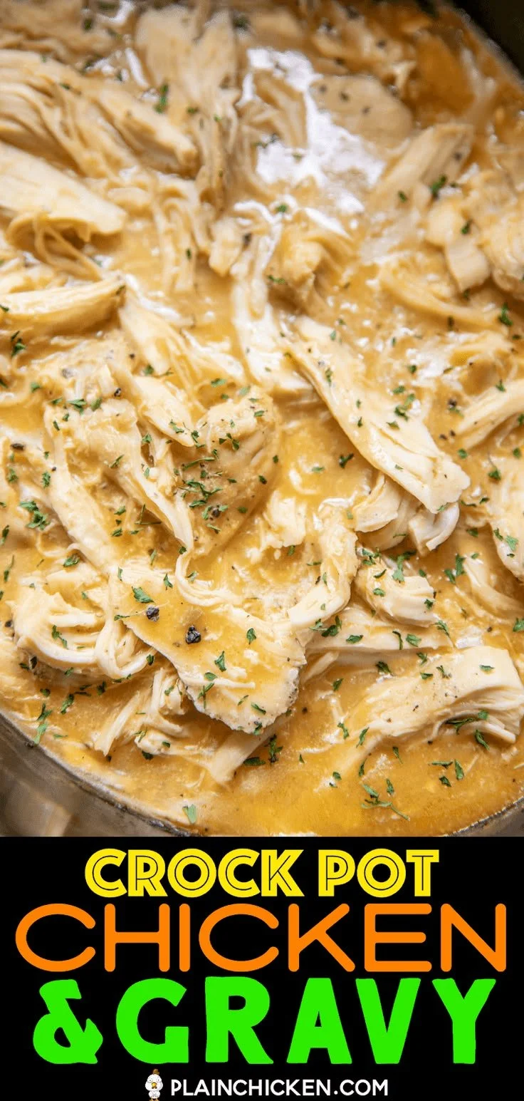 Slow cooker chicken and gravy meal prepared with just 3 ingredients.