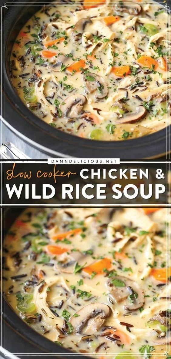 Delicious slow cooker chicken and wild rice soup in a bowl
