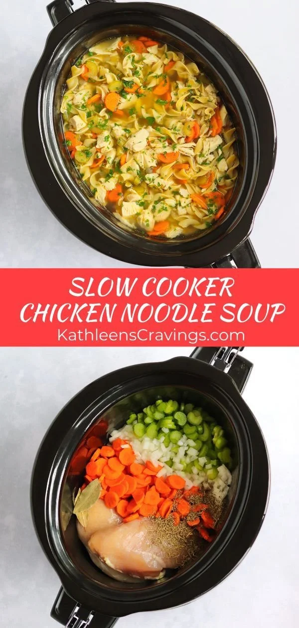 Bowl of slow cooker chicken noodle soup with vegetables and noodles