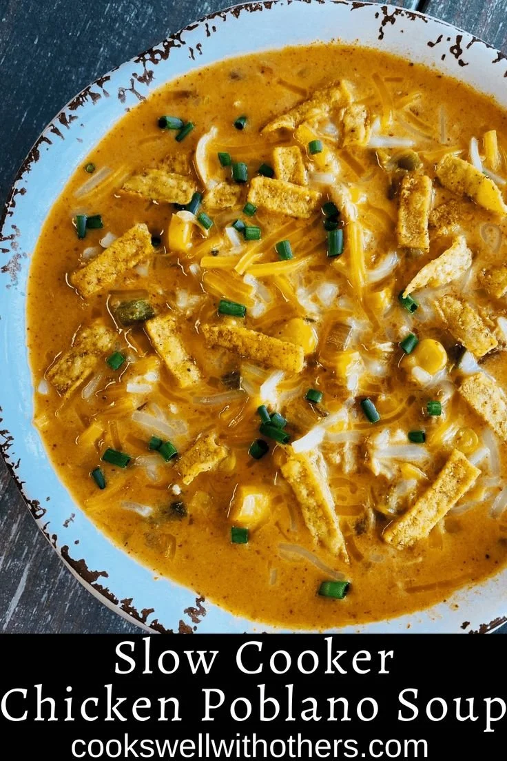 Bowl of creamy Slow Cooker Chicken Poblano Soup topped with cilantro