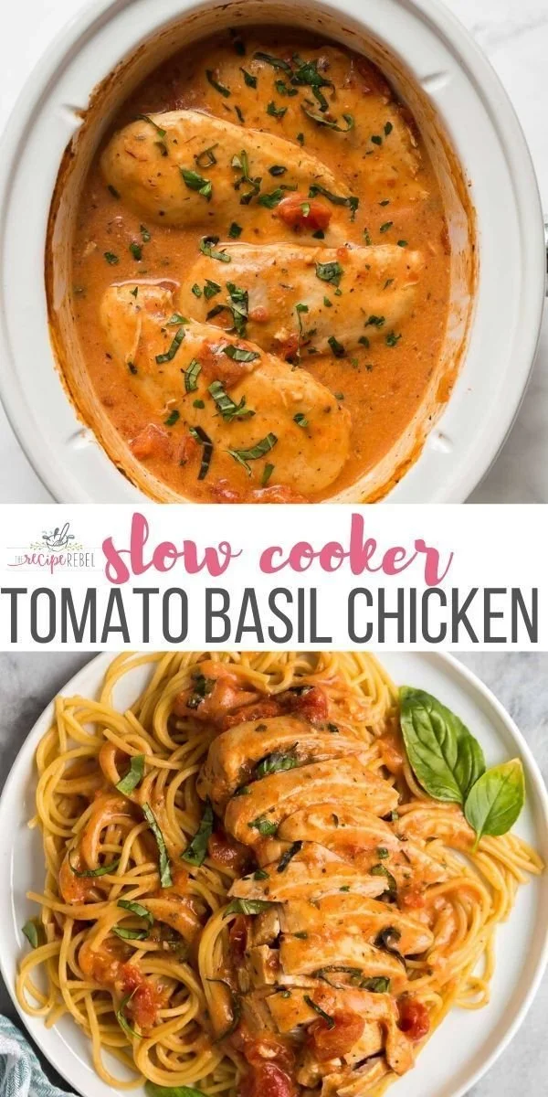 Slow cooker creamy tomato basil chicken served with fresh basil garnish