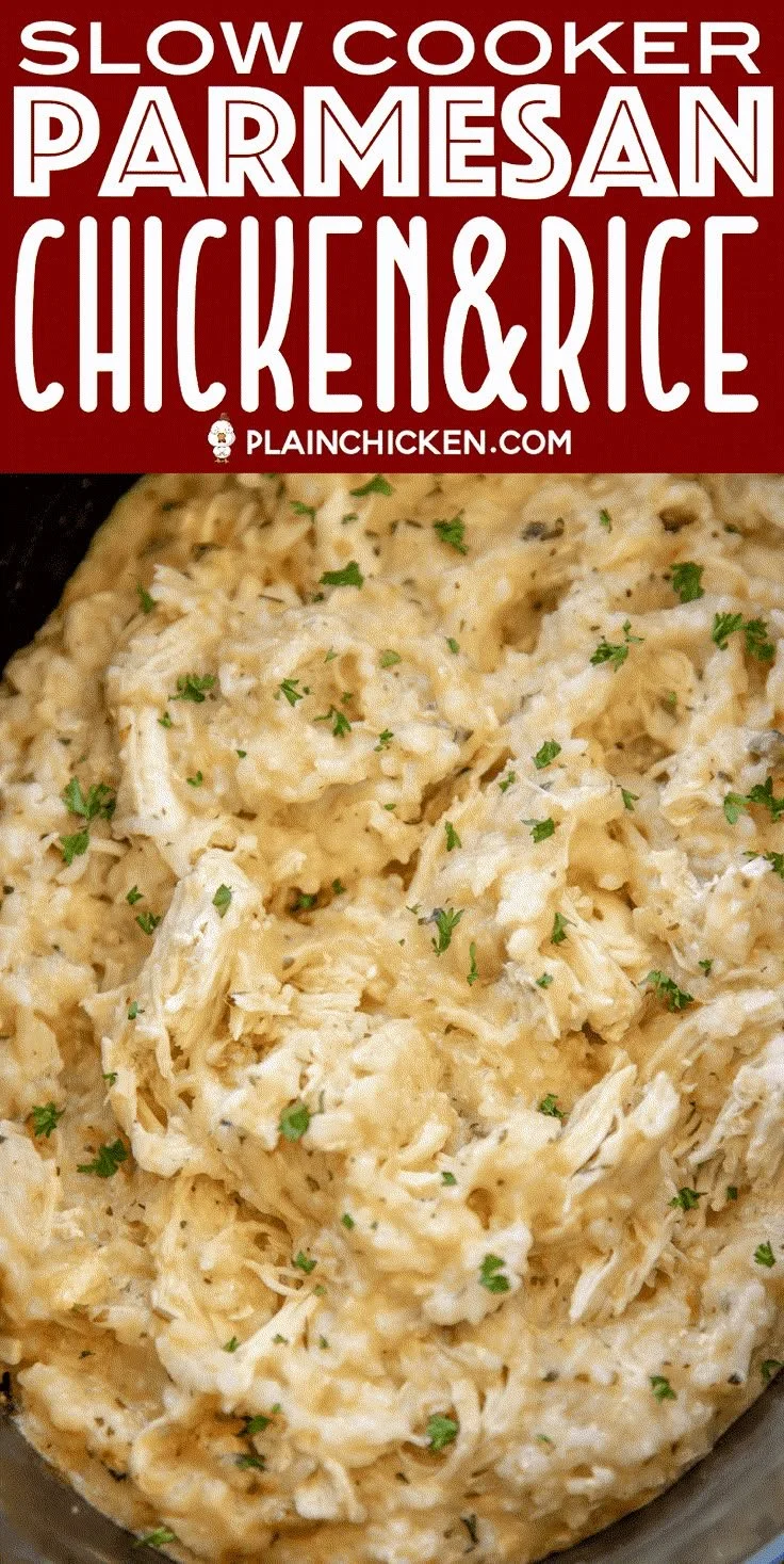 Delicious Slow Cooker Parmesan Chicken with Rice dish ready to serve.