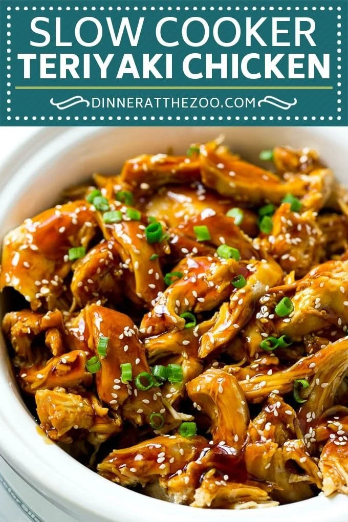 Slow cooker teriyaki chicken served with rice and vegetables