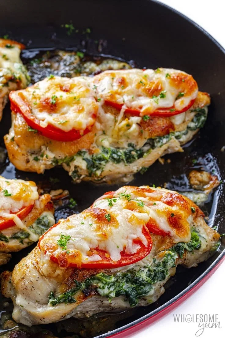 Spinach stuffed chicken breast recipe with cheese, spinach, and seasonings