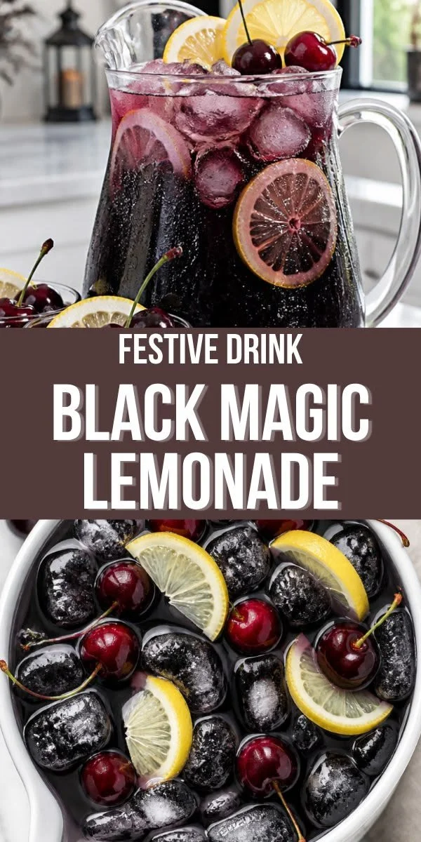 Spooky Black Magic Cherry Lemonade Halloween mocktail in a glass