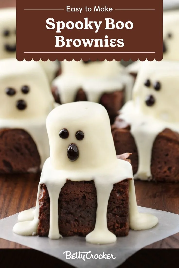 Spooky Boo Brownies decorated for Halloween with ghostly patterns