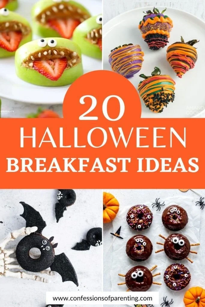 Colorful Halloween-themed toddler breakfasts on a festive table.