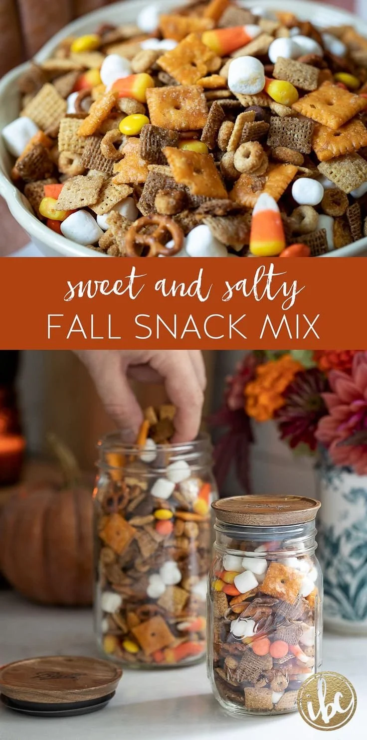 Sweet and salty fall snack mix recipe with chex mix and Halloween treats.