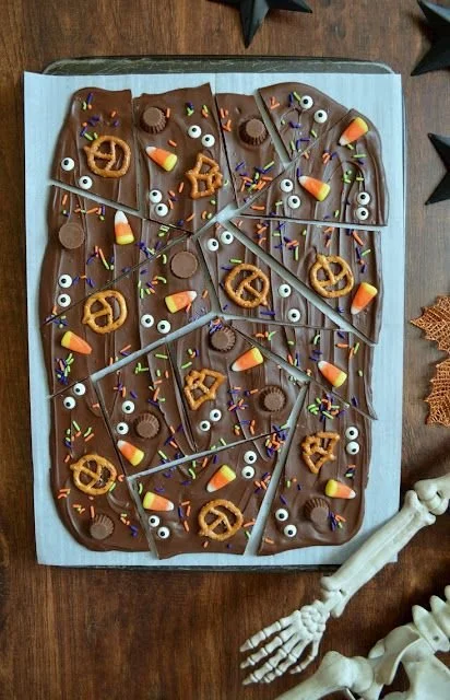 Sweet and salty Halloween bark with festive toppings for Halloween treats