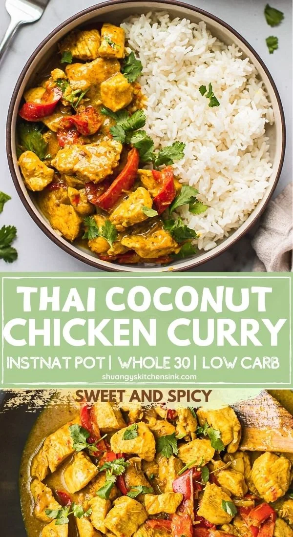 Delicious Thai Coconut Curry Chicken served with vibrant vegetables and coconut milk.