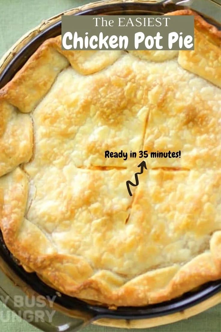 Delicious homemade chicken pot pie served in a rustic dish.